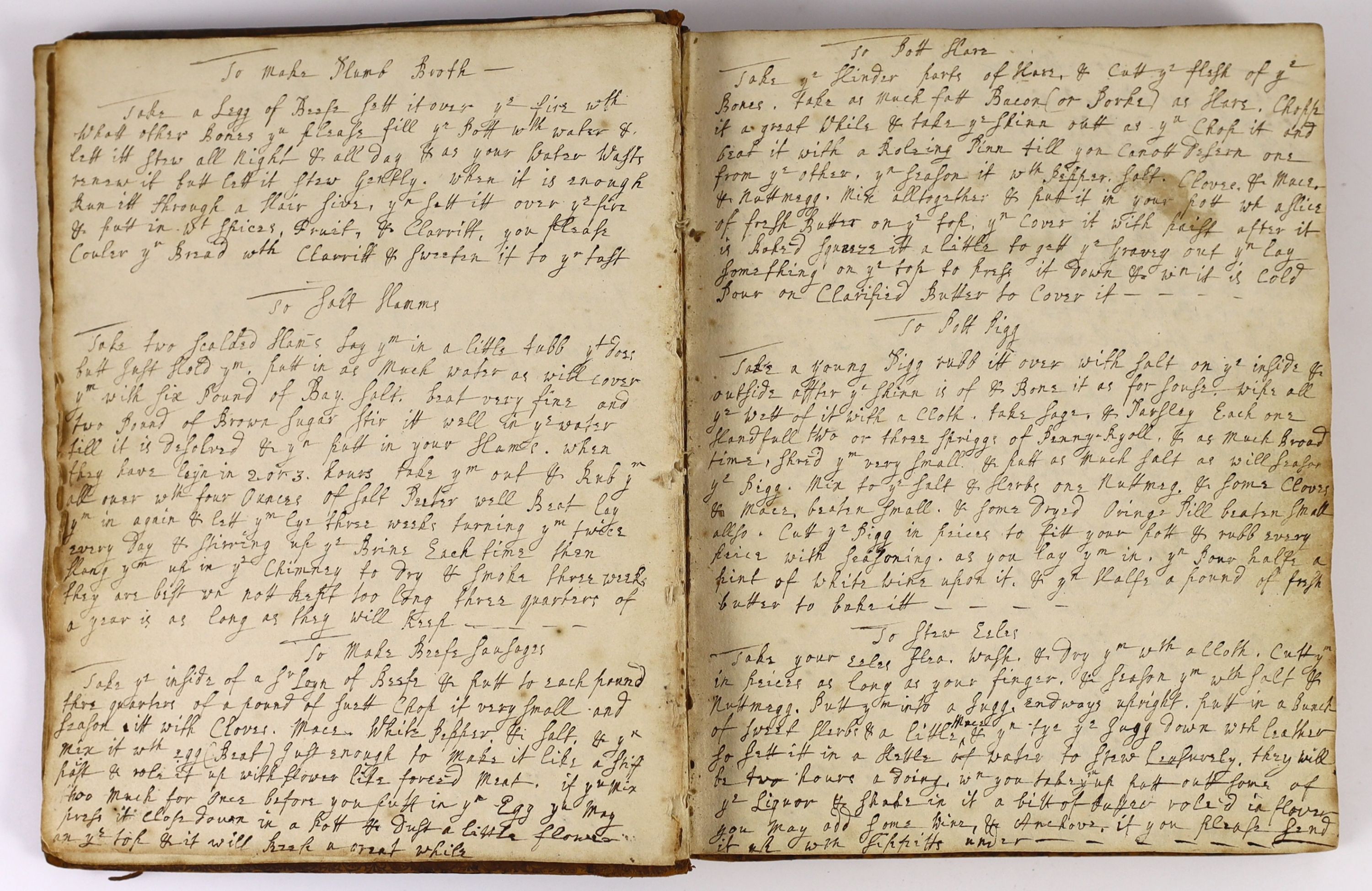 Early Eighteenth Century Manuscript Cookery. 'Eliz. Wood Her Booke. 1708'. 96pp. used (of 270), in a closely written hand, a contemp. panelled calf volume, med. 8vo.; Details some 190 'receipts' of main courses, desserts